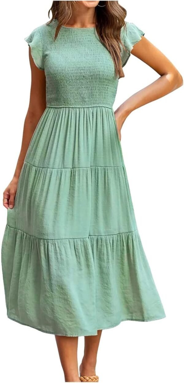 Connecteri  Dresses for Women 2023 Wedding Guest Summer V Neck Short Sleeve Smocked Ruffle Hem A-Line Polka Dot Boho Maxi Dress