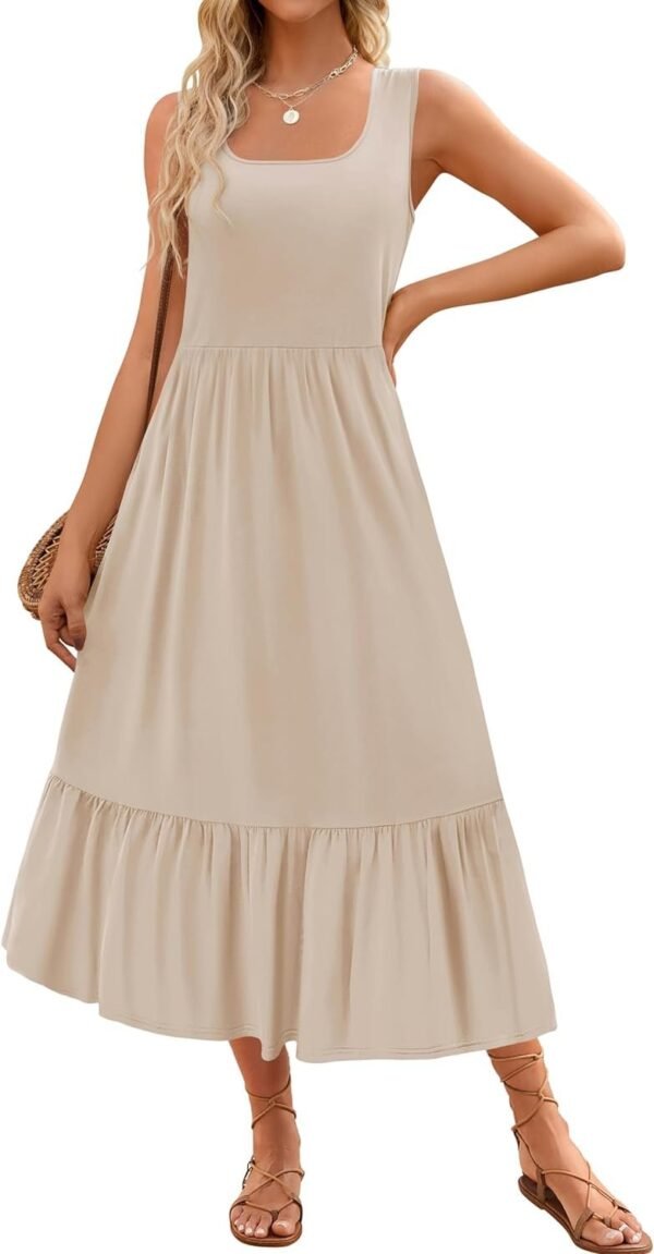 Connecteri Women's 2024 Summer Sleeveless Dress Square Neck Pleated Swing Casual Maxi Dresses with Pockets