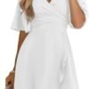 Connecteri  Women's Wrap V Neck Short Flared Sleeve Wedding Guest Dress Smocked Elastic Waist Tiered Belted Ruffle Hem Mini Dress