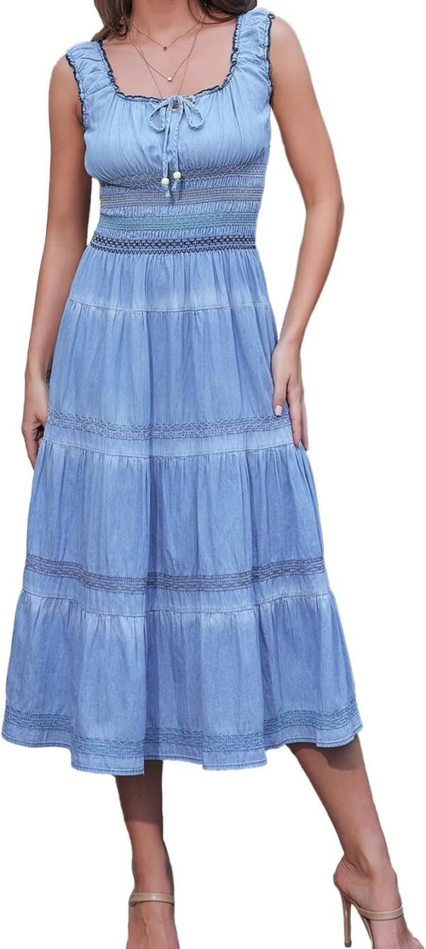 Connecteri  Women's Maxi Dress Sleeveless Denim Long Summer A-line Casual Blue Cotton Boho Flowy Sundresses for Women