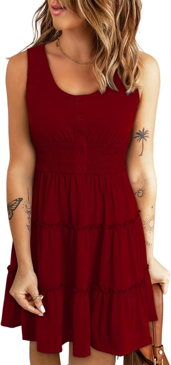Connecteri  Womens Summer Dresses 2024 Sleeveless Button Down Smocked Elastic Waist Ruffle Tiered Casual Swing Mini Dress