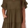 Connecteri  Women's 2024 Summer Trendy V Neck Ruffle Short Sleeve A Line Tiered Flowy Casual Mini Beach Dress with Pockets