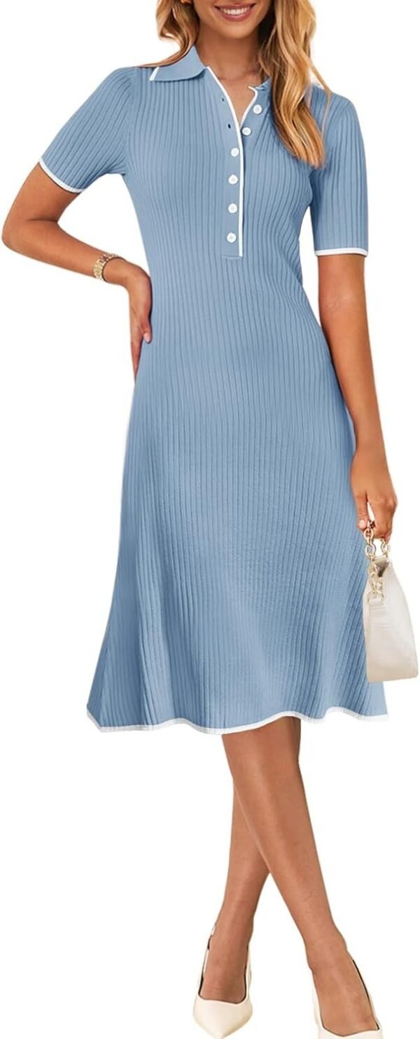 Connecteri  Women's V Neck Ribbed Knit Midi Dress Short Sleeve Button Elegant Bodycon Sweater Dresses