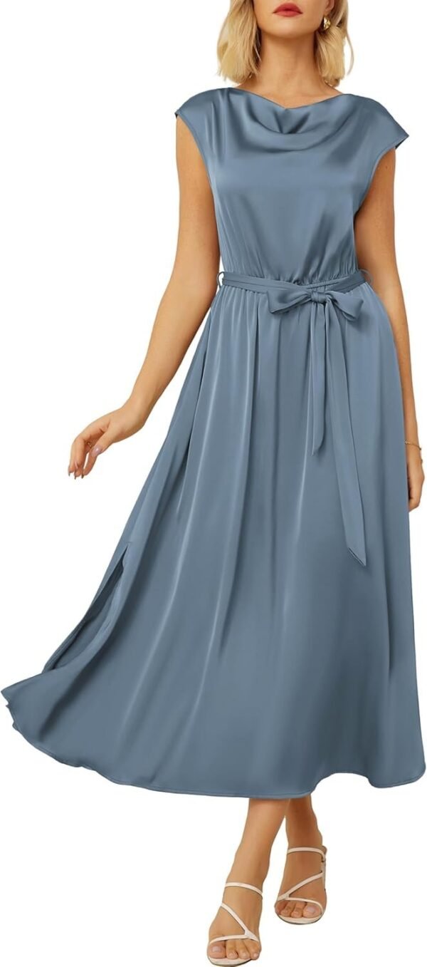 Connecteri  KARIN Women's 2024 Satin Midi Dress Summer Cap Sleeve Cowl Neck Belted Slit Elegant A-Line Flowy Dress with Pockets