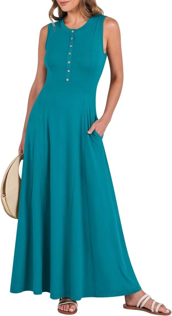 Connecteri  Women Summer Casual Sleeveless Maxi Sundress Button Fit & Flare A-Line Flowy Long Dresses 2024 Beach Outfits