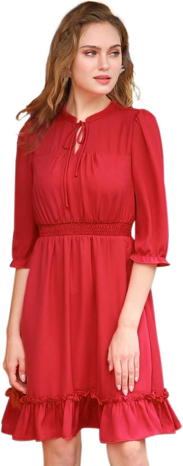 Connecteri  K Women's Autumn Wedding Guest Dresses Ruffle Hem 3/4 Sleeve A-Line Smocked Short Chiffon Dress