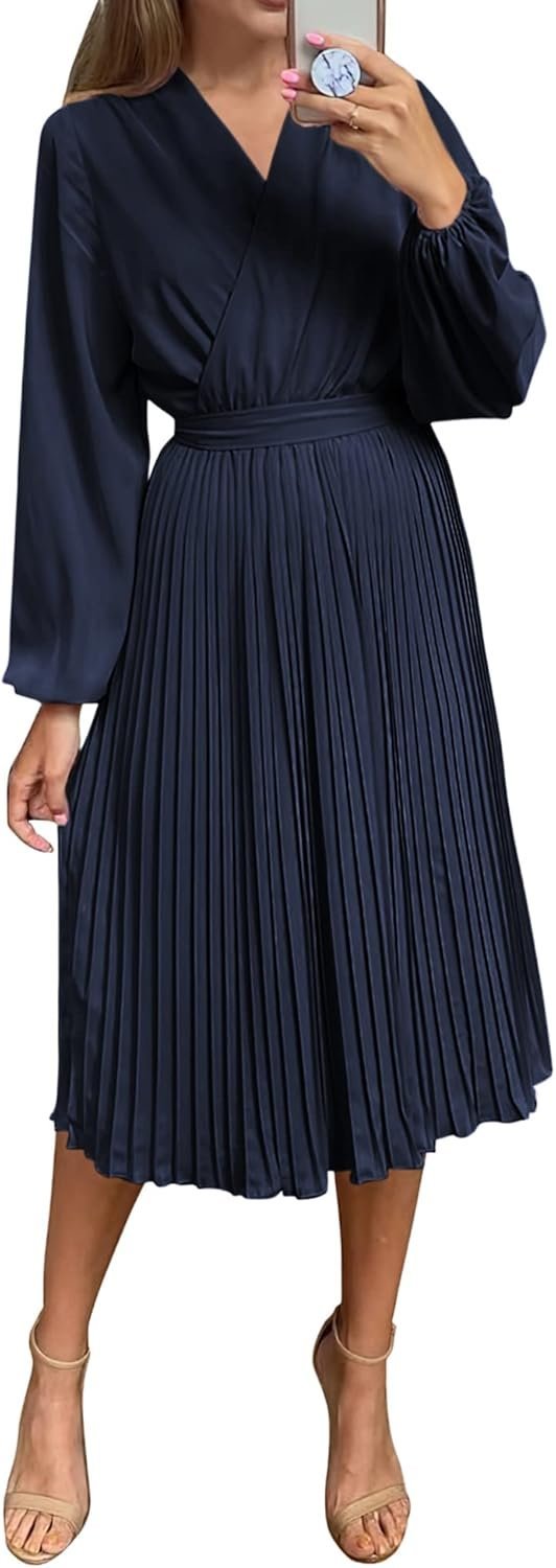 Connecteri  Womens V Neck Flowy Ruffle Pleated Casual Fall Dress