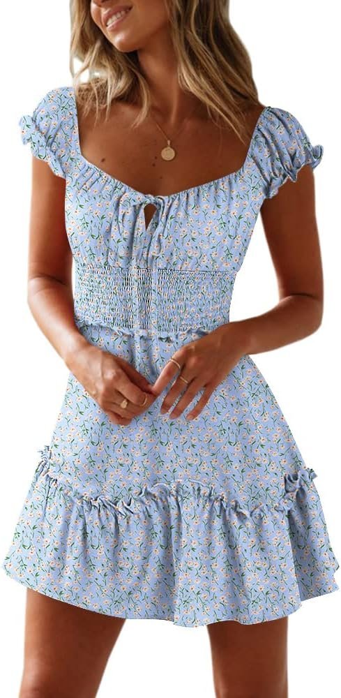 Connecteri  Women's Summer Ruffle Sleeve Sweetheart Neckline Printing Dress Mini Dress