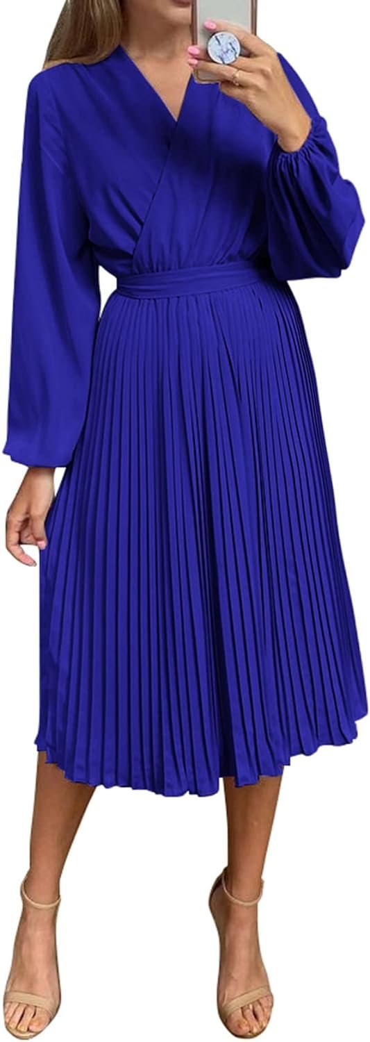 Connecteri  Womens V Neck Flowy Ruffle Pleated Casual Fall Dress