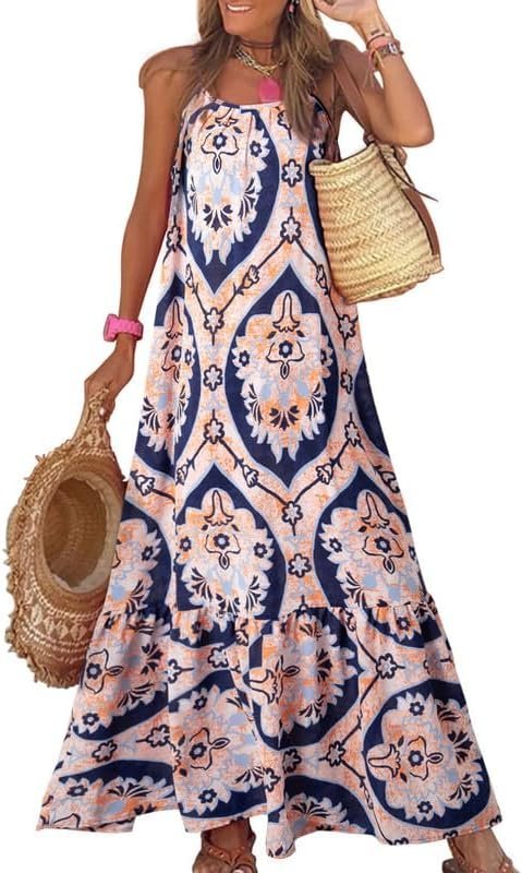 Connecteri  Women Summer Dresses 2024 Spaghetti Strap Scoop Neck Smocked Ruffle Flowy Boho Maxi Dress