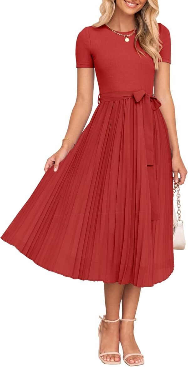Connecteri Womens Summer Short Sleeve Midi Dresses Spring Casual Crew Neck Knit Belted Pleated A Line Flowy Wedding Guest Dress