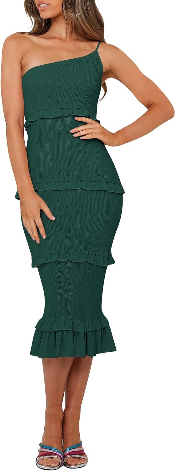 Connecteri  Womens Floral Summer One Shoulder Strappy Tiered Ruffle Midi Bodycon Dresses