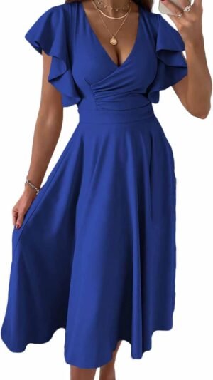 Connecteri?Womens 2024 Summer Midi Dress Ruffle Cap Sleeve V Neck Swing A Line Cocktail Party Dresses