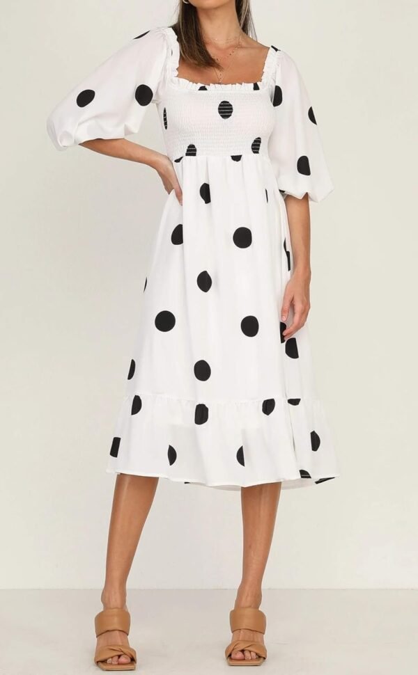 Connecteri  Women's Summer Cotton Puff Sleeves Casual Vintage Polka Dots Print Off Shoulder Midi Dress