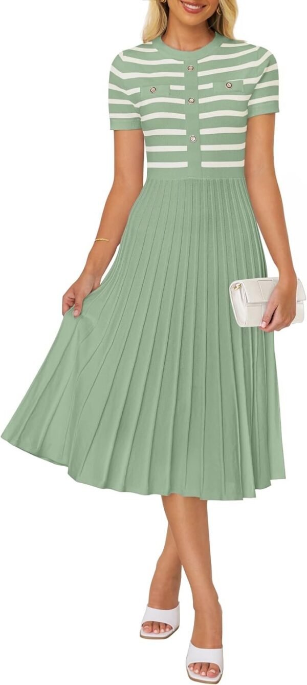 Connecteri Women's Casual Striped Midi Dress Crewneck Short Sleeve Button Ribbed Knit Swing Pleated A Line Dresses