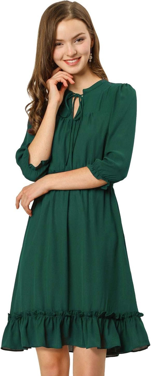 Connecteri  K Women's Autumn Wedding Guest Dresses Ruffle Hem 3/4 Sleeve A-Line Smocked Short Chiffon Dress