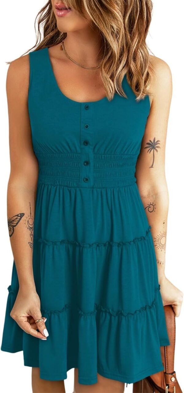 Connecteri  Womens Summer Dresses 2024 Sleeveless Button Down Smocked Elastic Waist Ruffle Tiered Casual Swing Mini Dress