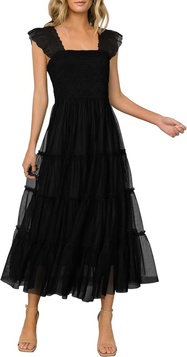 Connecteri?Womens 2024 Summer Casual Sleeveless Smocked Ruffle Tulle Flowy Beach Sundress