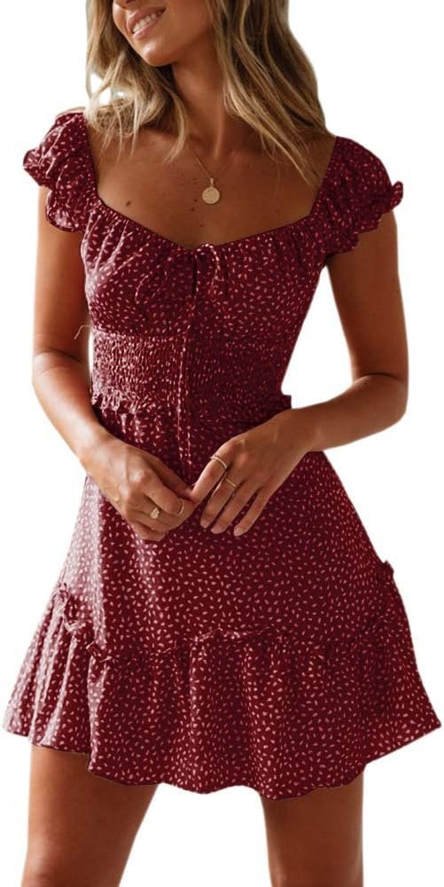 Connecteri  Women's Summer Ruffle Sleeve Sweetheart Neckline Printing Dress Mini Dress