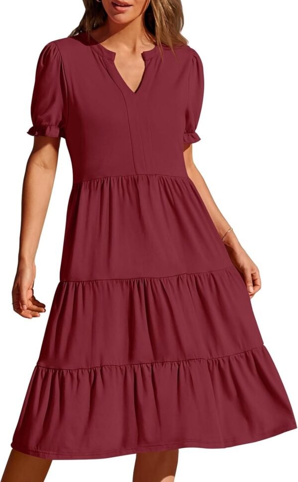 Connecteri  Women's 2024 Summer Short Puff Sleeve Midi Dress Casual V Neck High Waist Tiered Swing A Line Dresses