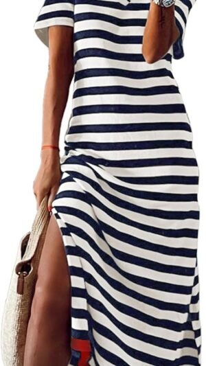 Connecteri  Summer Dress Casual Womens Fashion Short Sleeve Maxi Dress T Shirt Dress Striped Long Color Block Maxi Dress