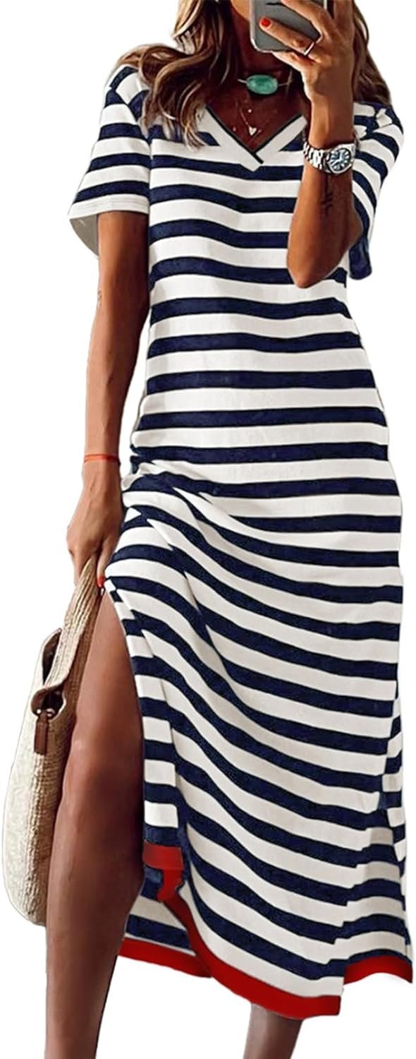 Connecteri  Summer Dress Casual Womens Fashion Short Sleeve Maxi Dress T Shirt Dress Striped Long Color Block Maxi Dress
