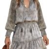 Connecteri  Womens Summer Dresses 2024 Boho Floral Drawstring V Neck Smocked Long Sleeve Ruffle Tiered Chiffon Mini Short Dress