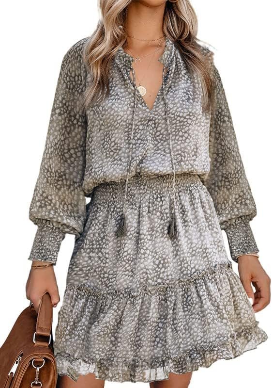 Connecteri  Womens Summer Dresses 2024 Boho Floral Drawstring V Neck Smocked Long Sleeve Ruffle Tiered Chiffon Mini Short Dress