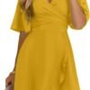 Connecteri  Women's Wrap V Neck Short Flared Sleeve Wedding Guest Dress Smocked Elastic Waist Tiered Belted Ruffle Hem Mini Dress