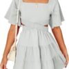 Shy Velvet Women's Summer Dress Square Neck Short Sleeves Crossover Waist Casual Party Mini Dress