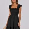 Connecteri  Womens Summer Casual Sleeveless Square Neck Smocked Ruffle Backless Boho Mini Dress 2024 Trendy Short Sundress