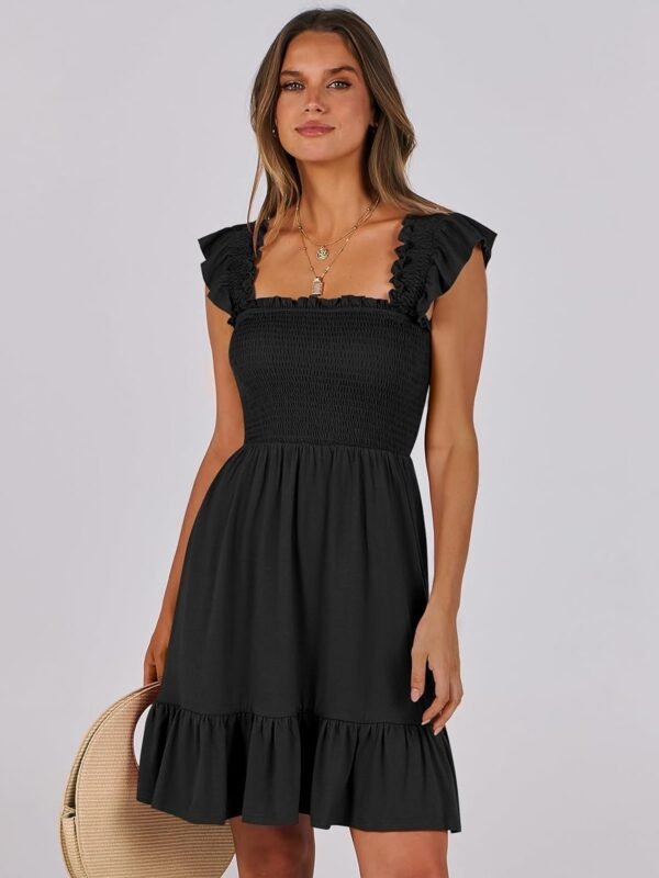 Connecteri  Womens Summer Casual Sleeveless Square Neck Smocked Ruffle Backless Boho Mini Dress 2024 Trendy Short Sundress