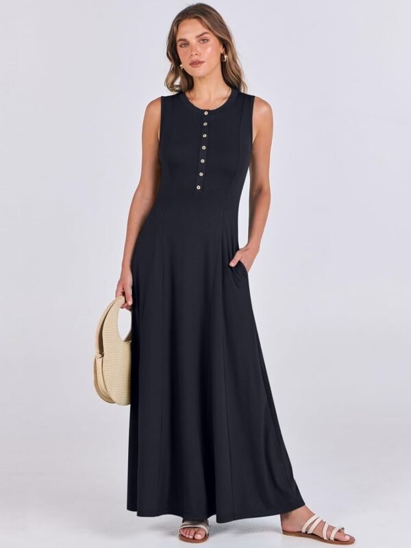 Connecteri  Women Summer Casual Sleeveless Maxi Sundress Button Fit & Flare A-Line Flowy Long Dresses 2024 Beach Outfits