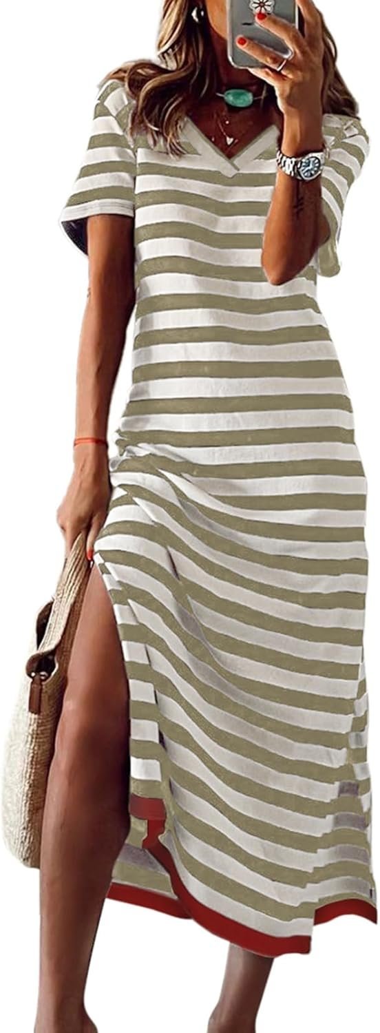 Connecteri  Summer Dress Casual Womens Fashion Short Sleeve Maxi Dress T Shirt Dress Striped Long Color Block Maxi Dress