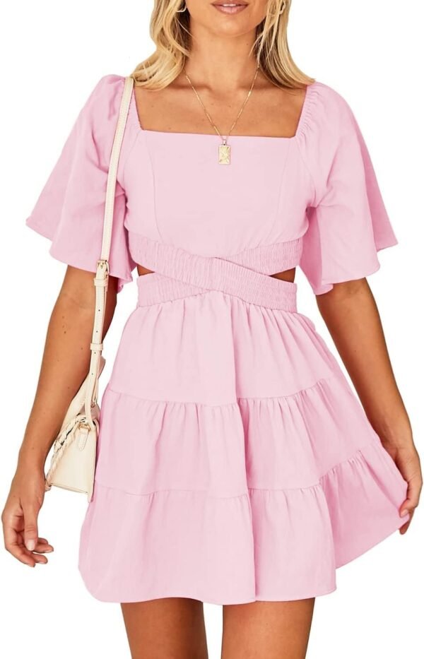 Shy Velvet Women's Summer Dress Square Neck Short Sleeves Crossover Waist Casual Party Mini Dress