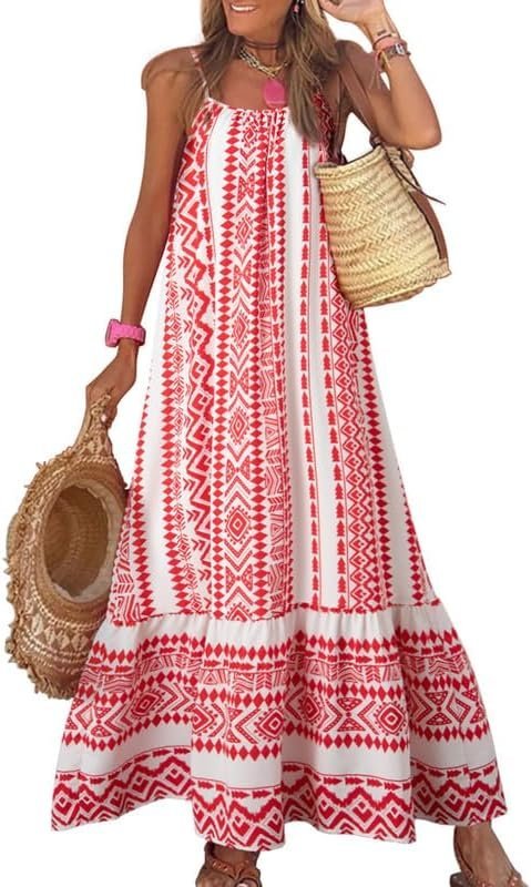 Connecteri  Women Summer Dresses 2024 Spaghetti Strap Scoop Neck Smocked Ruffle Flowy Boho Maxi Dress