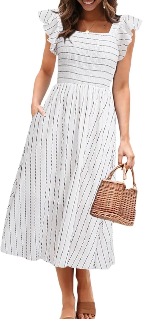 Connecteri  Women's Striped Linen Midi Dress Elegant Square Neck Ruffle Cap Sleeves Maternity Dress 2024 Summer Beach Dress