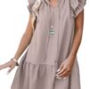 Connecteri  Womens Summer V-Neck Drawstring Ruffle Cap Short Sleeve Casual Shift Mini Dress with Pockets