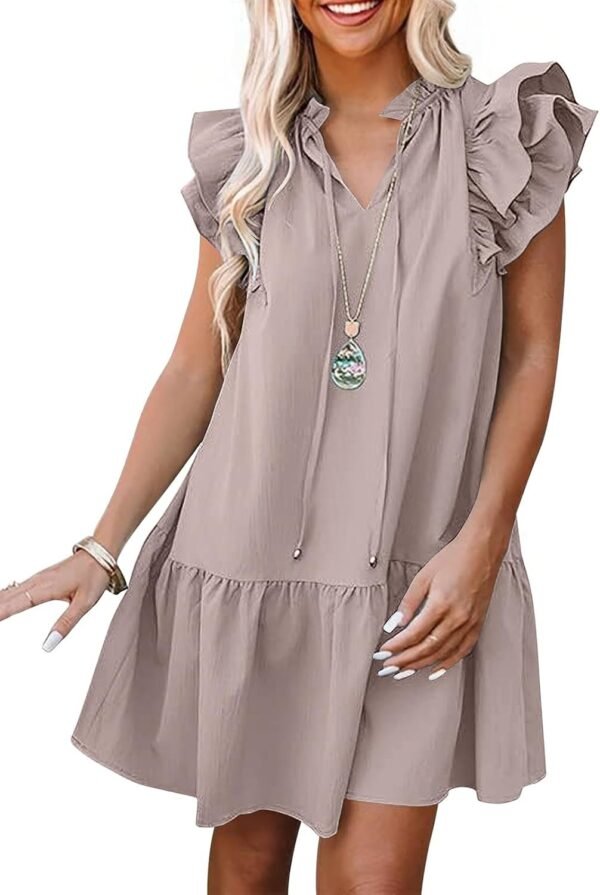 Connecteri  Womens Summer V-Neck Drawstring Ruffle Cap Short Sleeve Casual Shift Mini Dress with Pockets