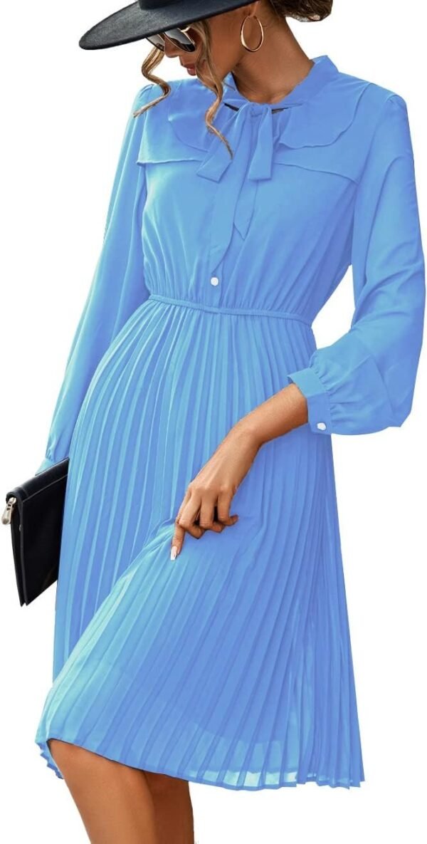 Connecteri  Work Dresses for Women 2023 Long Sleeves Chiffon Black Dress Retro Pleated Buttons Down Bow Tie Loose Causal Dresses