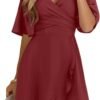 Connecteri  Women's Wrap V Neck Short Flared Sleeve Wedding Guest Dress Smocked Elastic Waist Tiered Belted Ruffle Hem Mini Dress