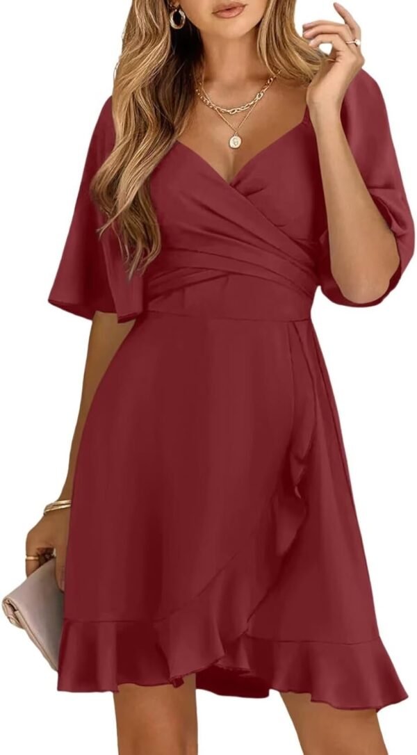 Connecteri  Women's Wrap V Neck Short Flared Sleeve Wedding Guest Dress Smocked Elastic Waist Tiered Belted Ruffle Hem Mini Dress