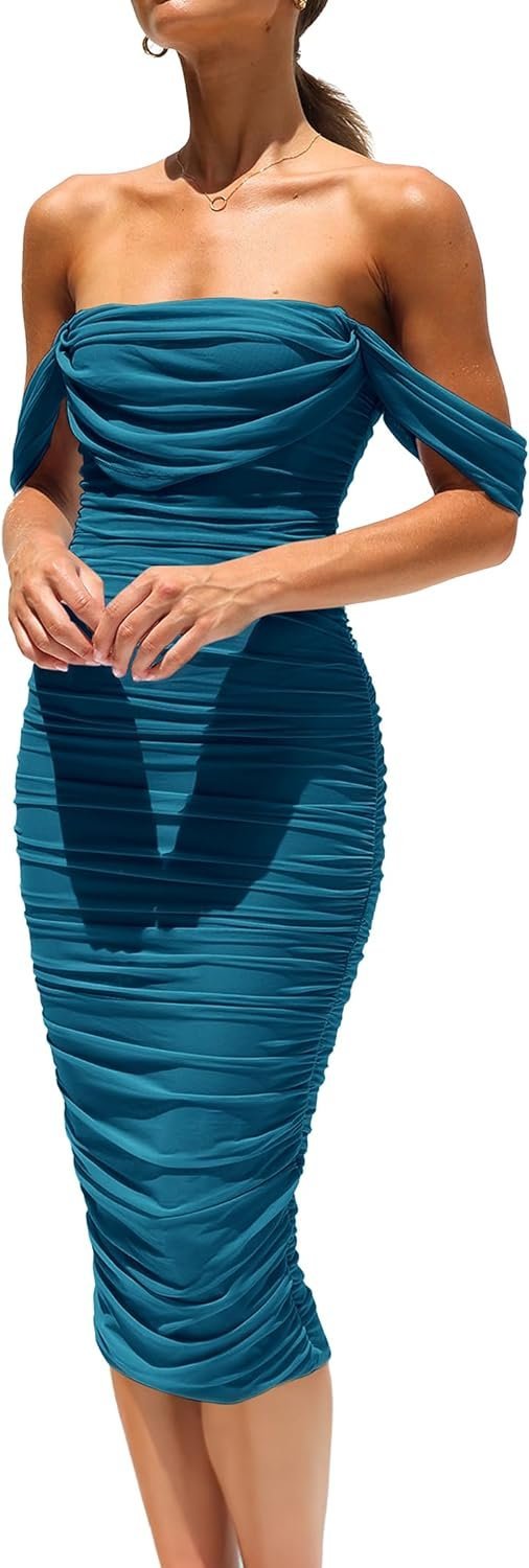 Connecteri?Womens Summer Off The Shoulder Ruched Bodycon Dresses Sleeveless Fitted Party Club Midi