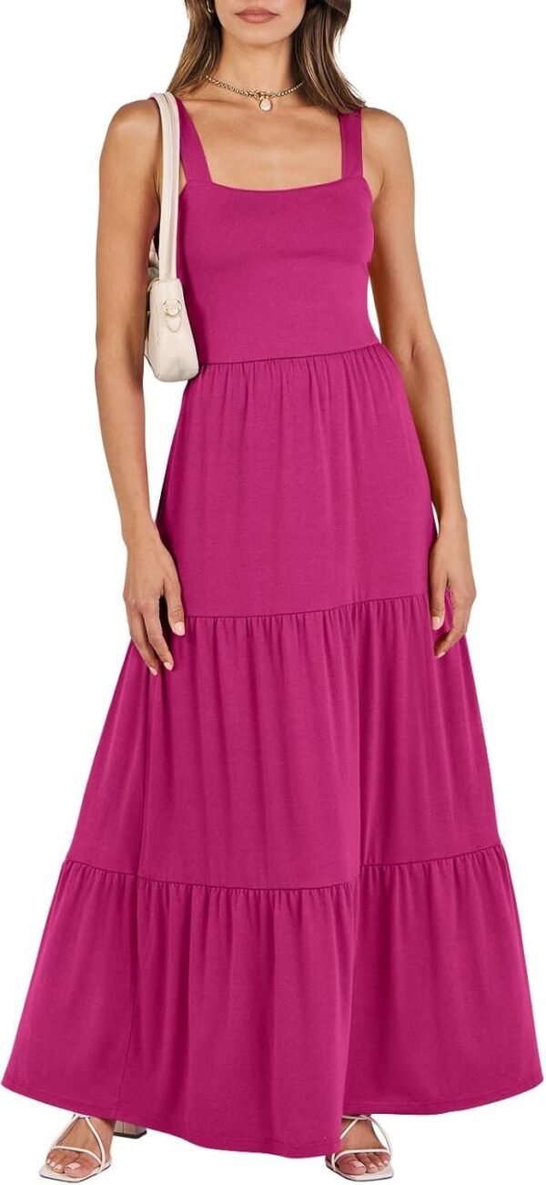 Connecteri  Women's Summer Casual Long Maxi Beach Vacation Dresses Sleeveless Square Neck Flowy Tiered Sun Dress with Pockets