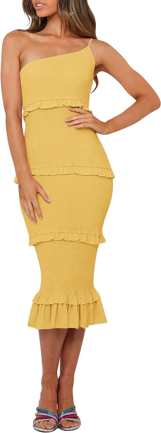 Connecteri  Womens Floral Summer One Shoulder Strappy Tiered Ruffle Midi Bodycon Dresses