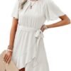 Connecteri  Womens Summer Dresses 2024 Crewneck Short Sleeve Waist Tie Ruffle Casual Chiffon A-Line Swing Mini Dress