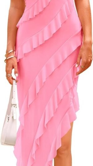 Connecteri?Womens Strapless Tube Asymmetrical Ruffle Maxi Bodycon Dress