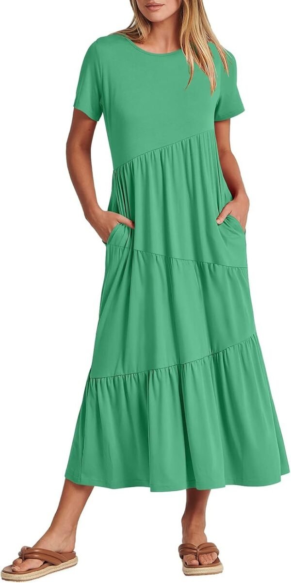 Connecteri  Women Summer Maxi Dress Short Sleeve Swing Casual Asymmetric Tiered Vacation Long Beach Sundress Outfits