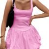 Connecteri Women's 2024 Summer Mini Dress Tank Sleeveless Square Neck Solid Color Puffy Beach Short Dresses Sundress