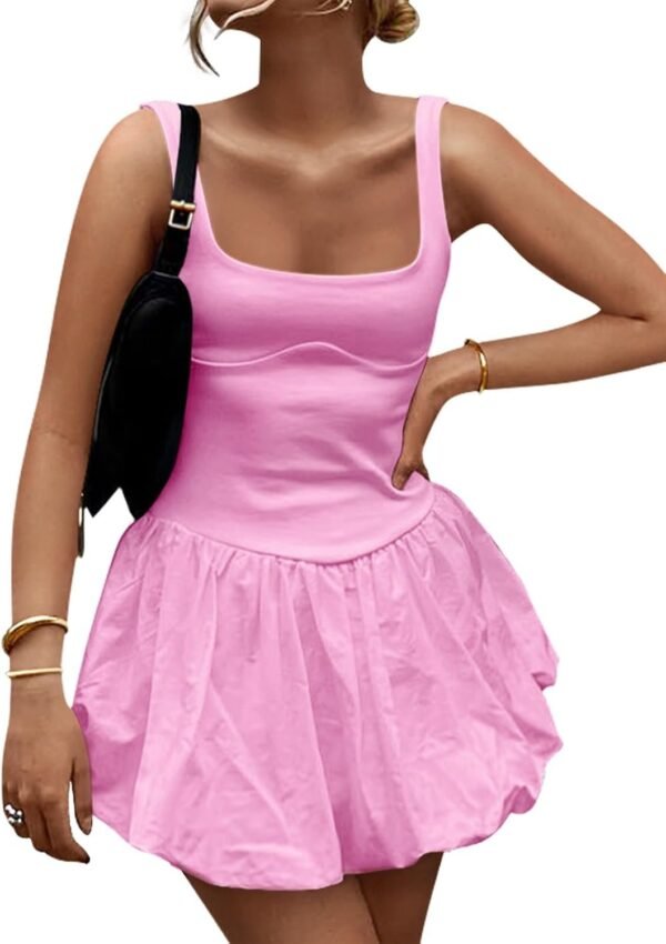 Connecteri Women's 2024 Summer Mini Dress Tank Sleeveless Square Neck Solid Color Puffy Beach Short Dresses Sundress